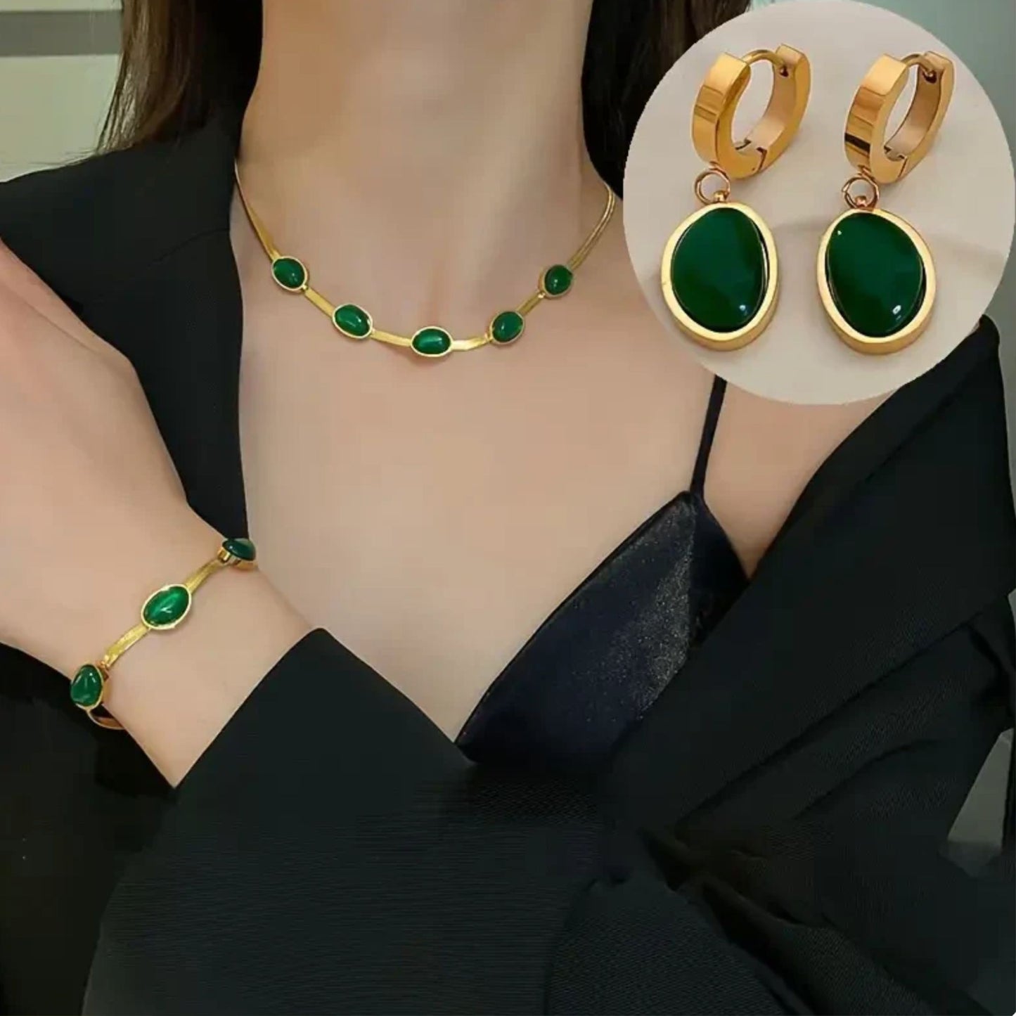 Elegant Oval Green Crystal Pendant Necklace Set with Bracelet – Gold Plated Jewelry for Women