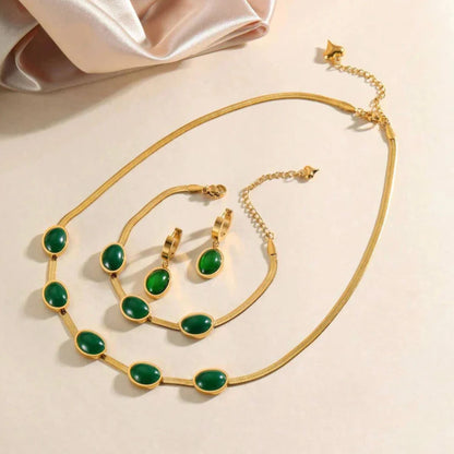 Elegant Oval Green Crystal Pendant Necklace Set with Bracelet – Gold Plated Jewelry for Women