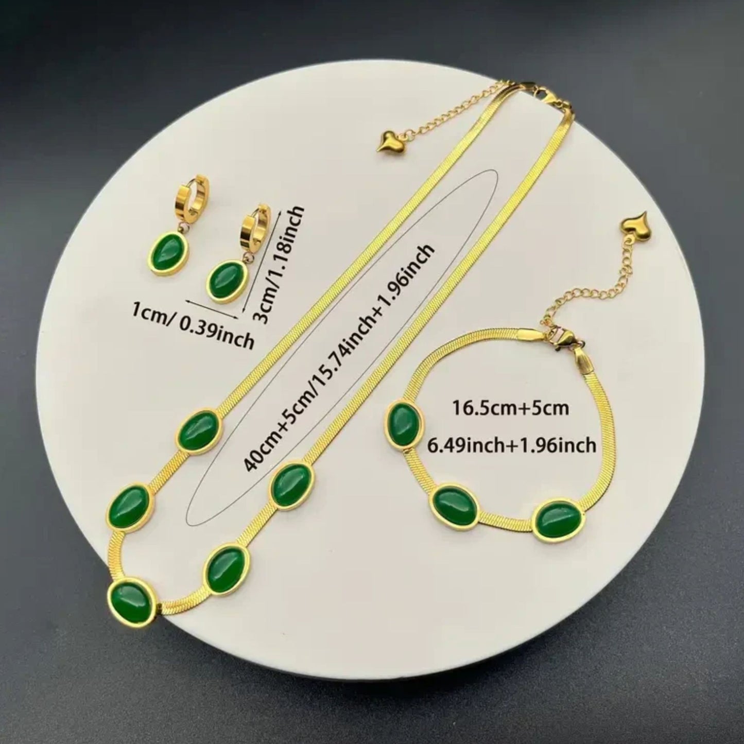 Elegant Oval Green Crystal Pendant Necklace Set with Bracelet – Gold Plated Jewelry for Women