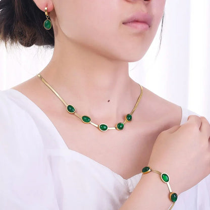 Elegant Oval Green Crystal Pendant Necklace Set with Bracelet – Gold Plated Jewelry for Women