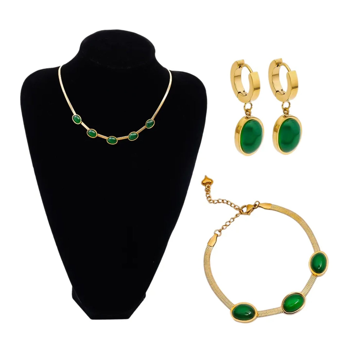 Elegant Oval Green Crystal Pendant Necklace Set with Bracelet – Gold Plated Jewelry for Women