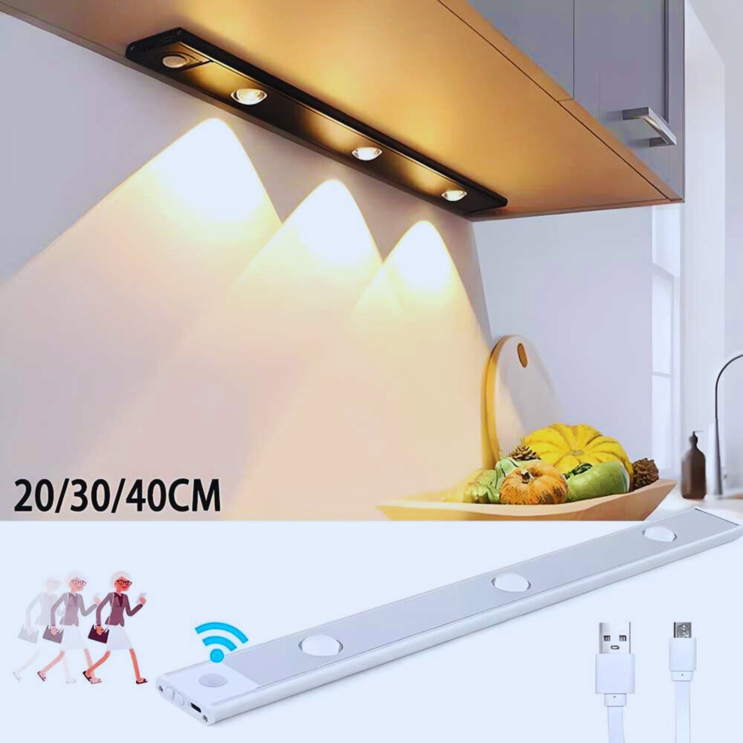 LED PIR Motion Sensor Cabinet Light – USB Rechargeable, Wireless Stick-On Night Light (Pack of 3)