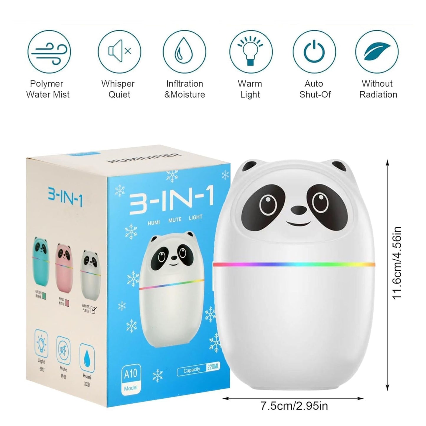 Mini Cute Panda Cool Mist Humidifier – 220ml Ultra-Quiet Air Moisturizer for Room & Better Sleep